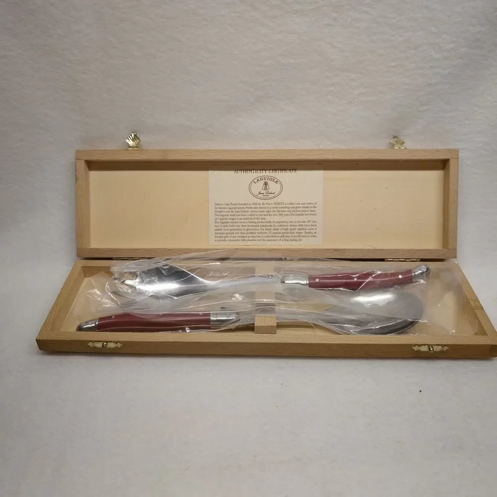 Jean Dubost Laguiole France Salad Servers Red Handle Inox Wood Box COA Serveware